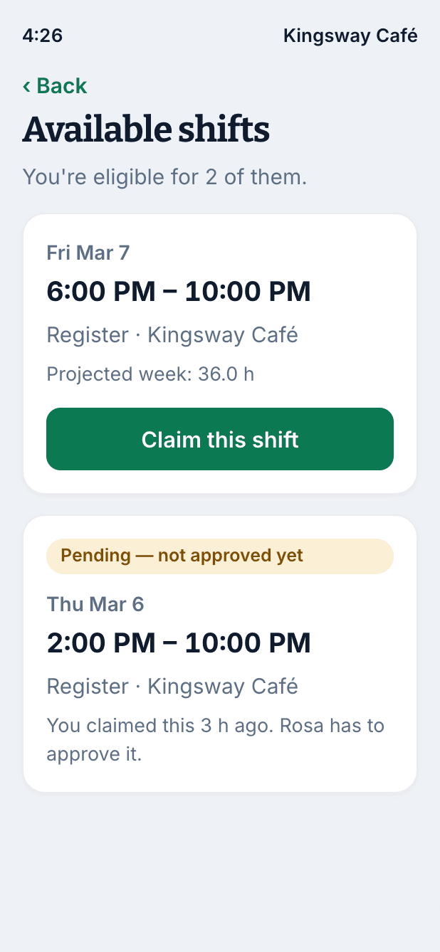 Open shifts in the Shift Amp app, with the ones a team member is eligible to claim