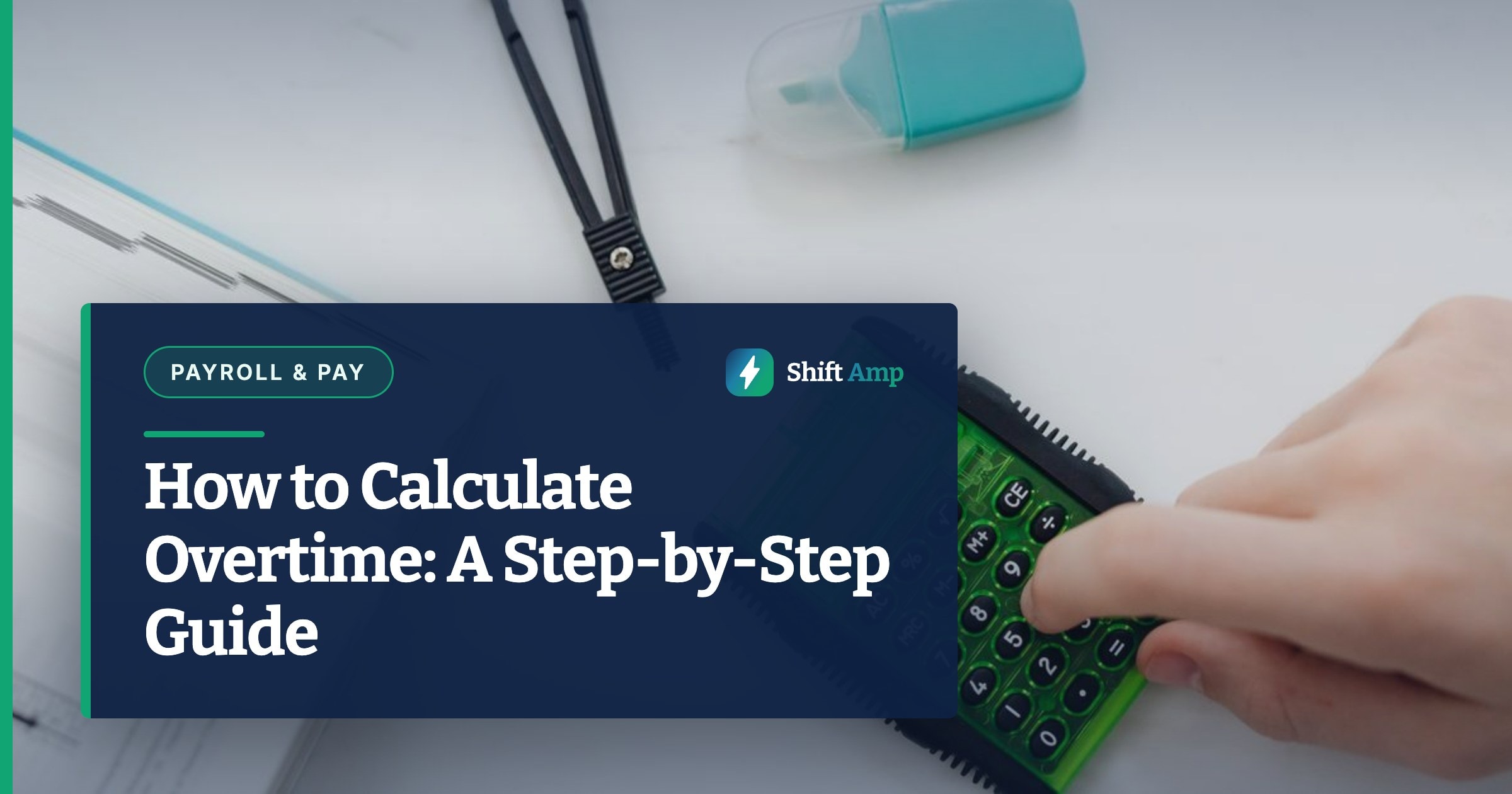 Close-up of a hand using a green calculator with stationery for studies or business calculations.